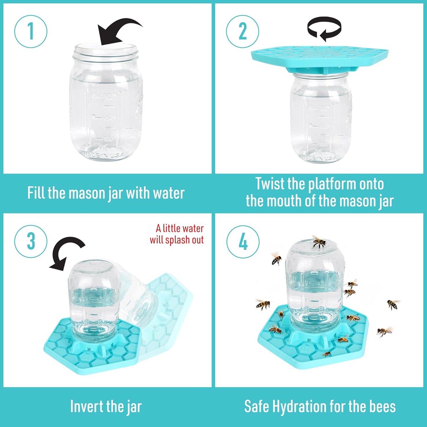 Bee Feeder for Mason Jar Made of Silicone - Bee Watering Station for Garden Compatible with Regular Mouth Mason Jars (2 Pack)