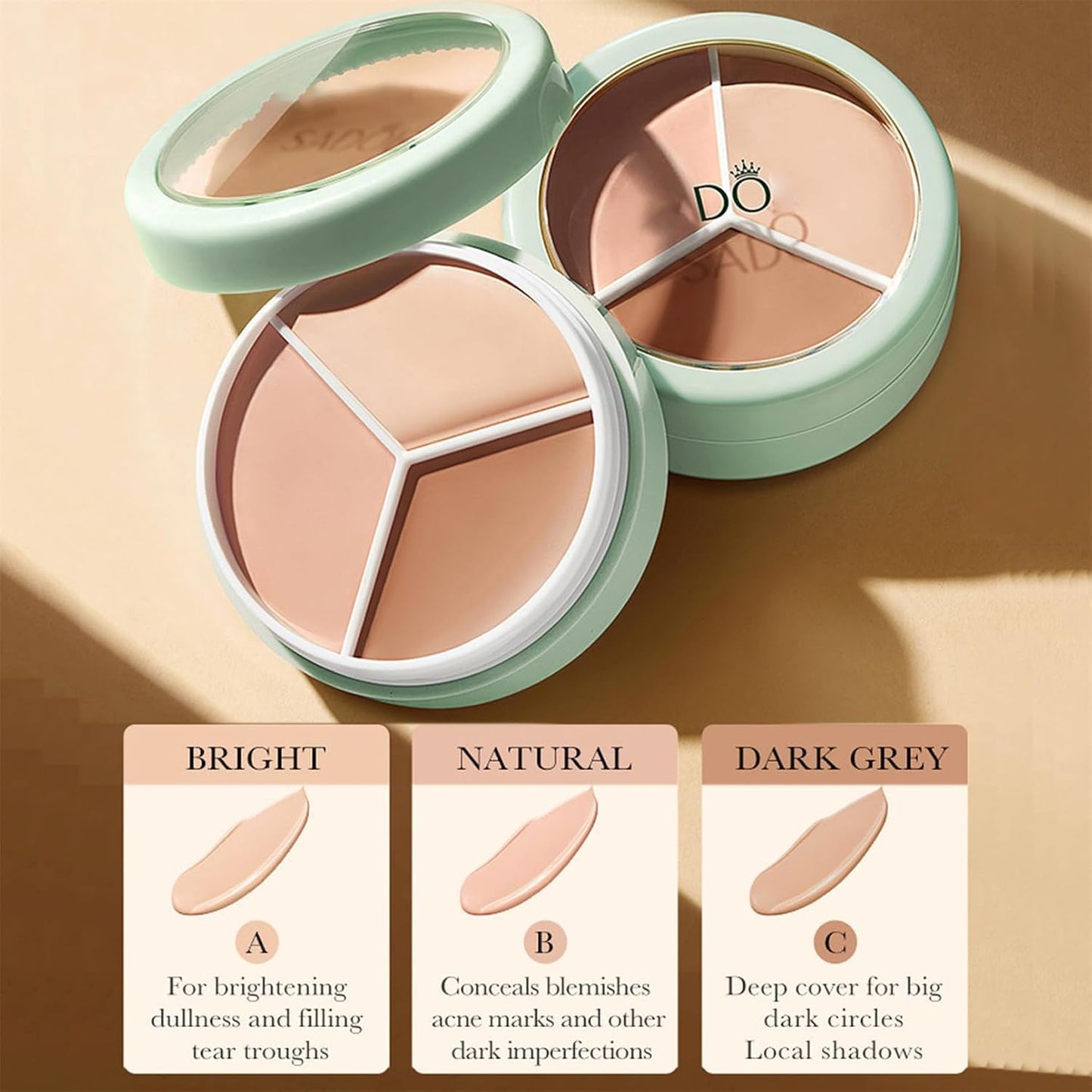 Artistic Tri-Color Concealer Palette Waterproof Tri Color Foundation Cover Full Coverage Face Concealer Makeup Highlight Contour Palette (1 Pack)