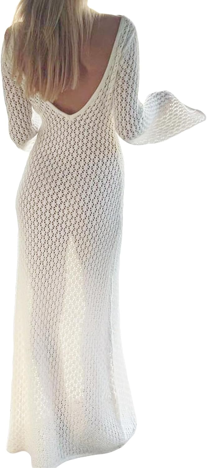 YILEEGOO Sexy Women's Sheer Mesh Pearl Rhinestone Cover Up Dress Beach Swimwear Bikini Bathing Suit Cover Ups