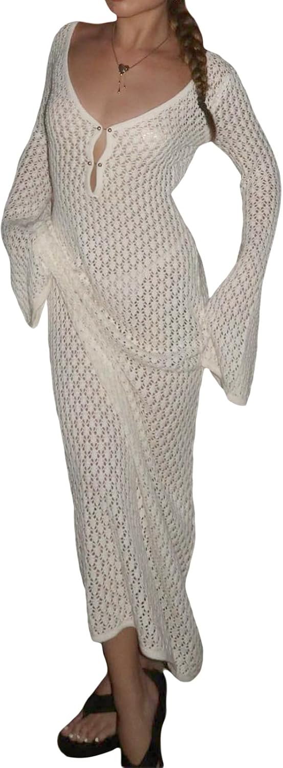 YILEEGOO Sexy Women's Sheer Mesh Pearl Rhinestone Cover Up Dress Beach Swimwear Bikini Bathing Suit Cover Ups
