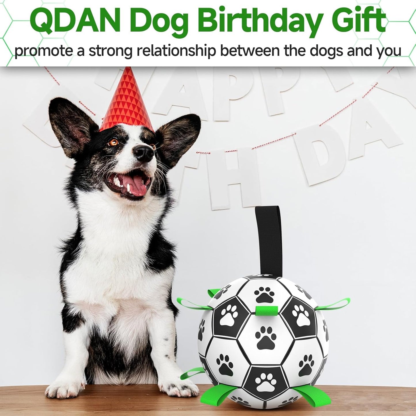 QDAN Dog Toys Balls, Dog Soccer Ball with Straps, Dog Birthday Gifts, Herding Ball, Durable Dogs Balls for Small Medium Pet, Puppy Outdoor Water Toy, World Cup Soccer (6 Inch)