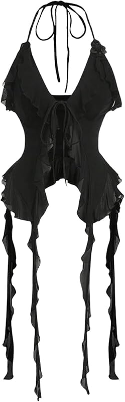 WDIRARA Women's 3D Flower Tie Front Ruffle Trim Halter Top Tie Backless Camisole