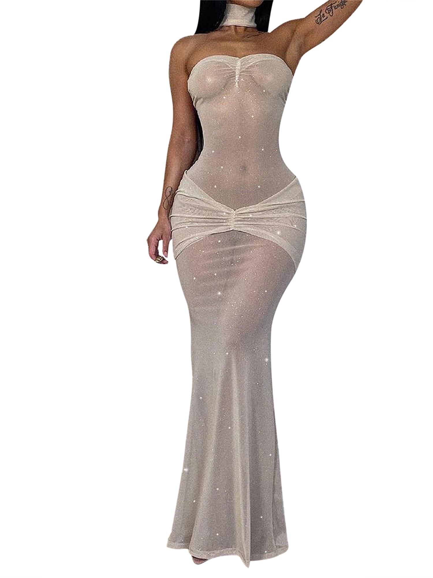 YILEEGOO Sexy Women's Sheer Mesh Pearl Rhinestone Cover Up Dress Beach Swimwear Bikini Bathing Suit Cover Ups