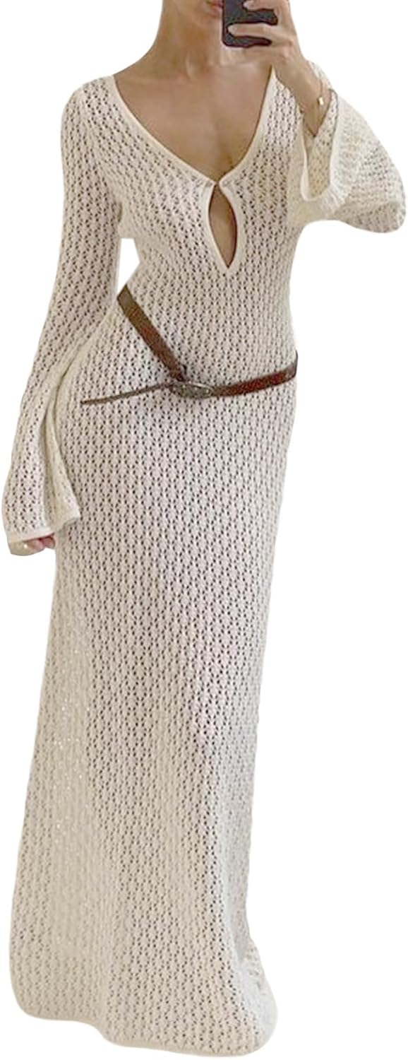 YILEEGOO Sexy Women's Sheer Mesh Pearl Rhinestone Cover Up Dress Beach Swimwear Bikini Bathing Suit Cover Ups