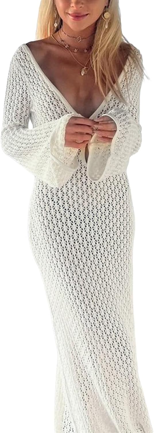 YILEEGOO Sexy Women's Sheer Mesh Pearl Rhinestone Cover Up Dress Beach Swimwear Bikini Bathing Suit Cover Ups