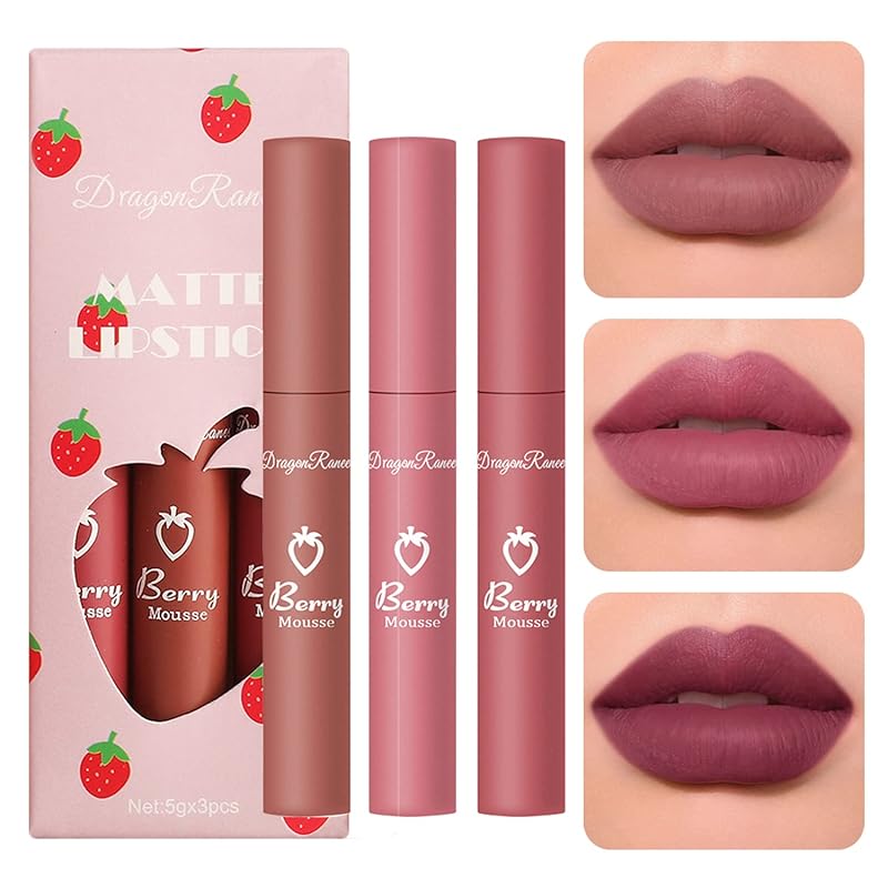 3 Piece Nude Matte Lipstick Set,Natural Nude Lipstick Velvet Air Moisture Smooth Crayon Lip Stain,Matte Lipstick 24 Hour SuperstayLong Lasting Waterproof Lip Gloss for Women Makeup(Set C)