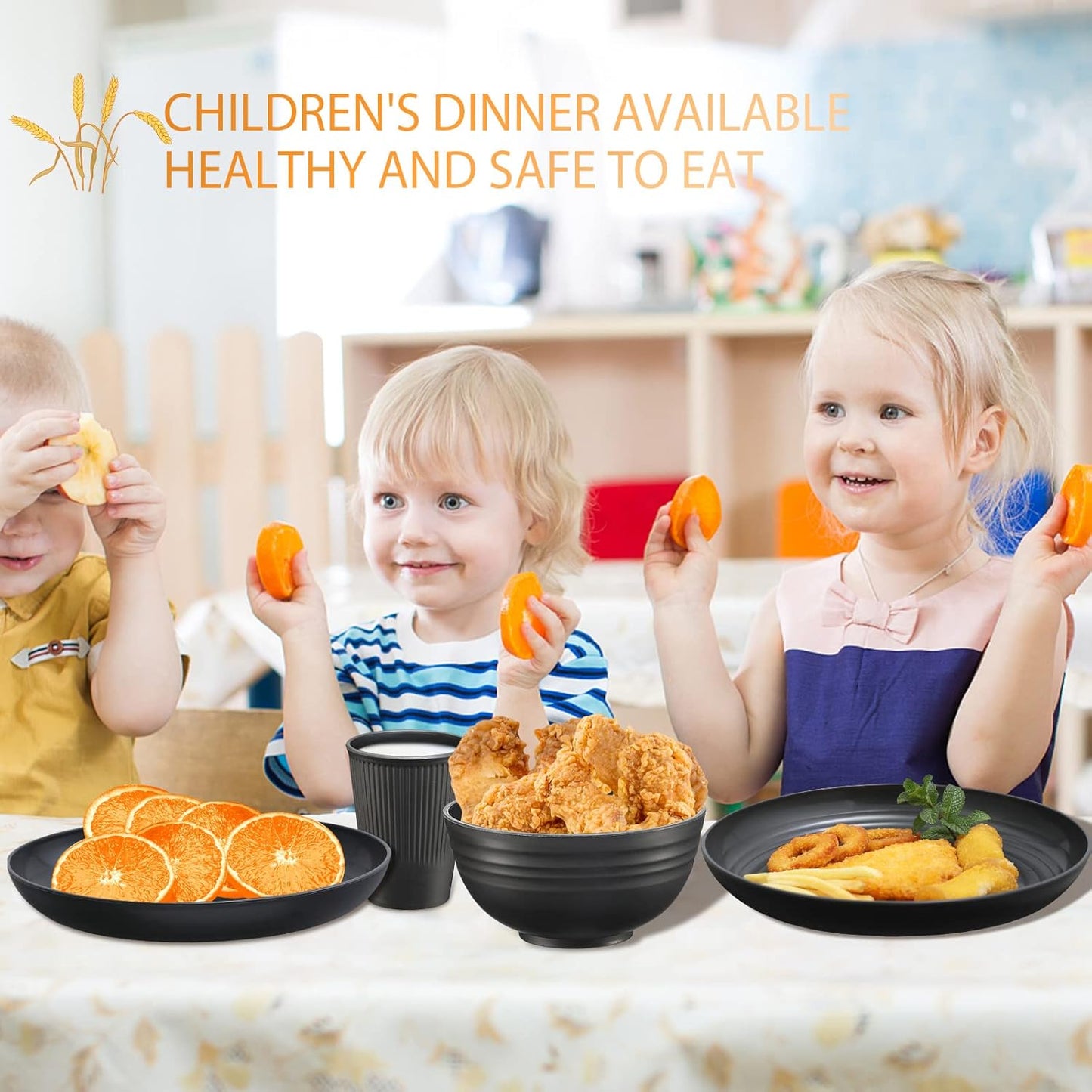 Plates and Bowls Sets for 8, 32-Piece Kitchen Dinnerware Set for 8 Tableware Wheat Straw Dinner Plates, Dessert Plates, Bowls and Cups, Dishes Set for Home Parties Camping - Black