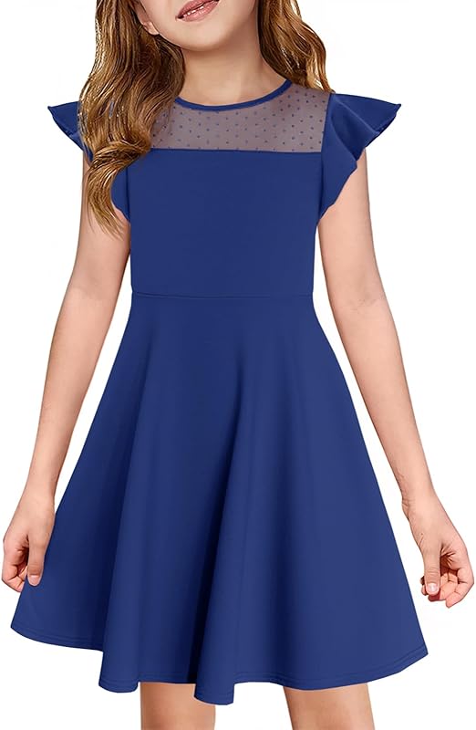 Haloumoning Girls Dress Summer Ruffle Sleeve Mesh A Line Casual Party Dresses with Pockets for Kids 4-14 Years