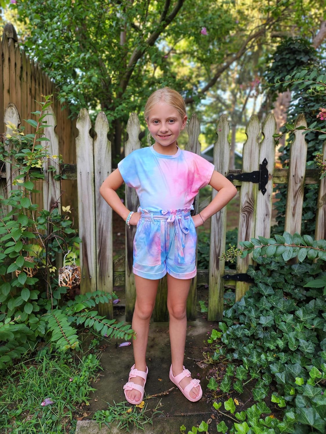 Arshiner Girls 2 Piece Outfit Summer Drop Shoulder Batwing Sleeve Tops and Paperbag Waist Shorts Set Cute Clothing Size 6-14