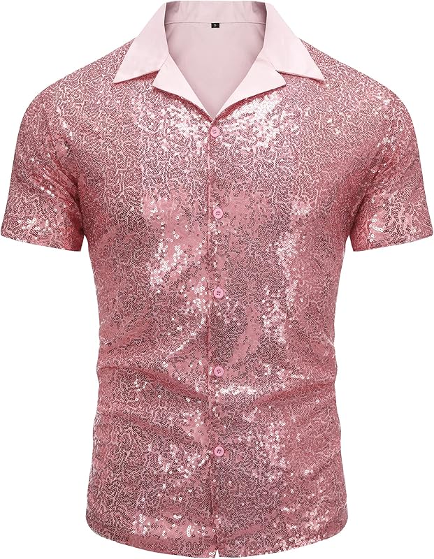 AstoSeu Men's Sequin Dress Shirt 70s Disco Costume Sparkle Party Short Sleeve Button Down Shirts