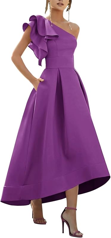 One Shoulder Satin Mother of Bride Dresses 2025 High-Low Ruffle Formal Evening Party Gowns