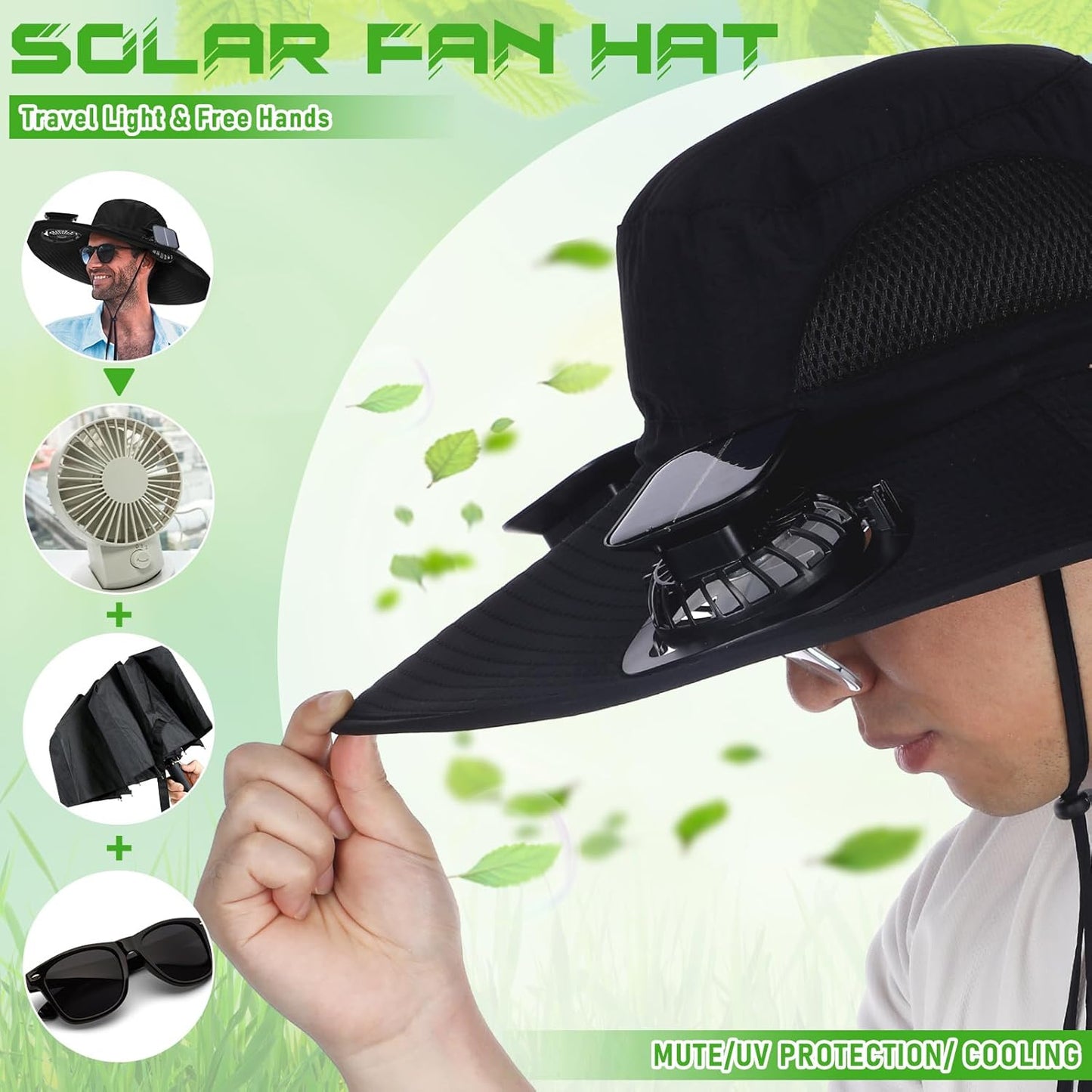Berlune Men Sun Hat with 2 Solar Fan Fishing Wide Brim Sun Hat for Outdoor Summer Camping Beach, USB & Solar Powered