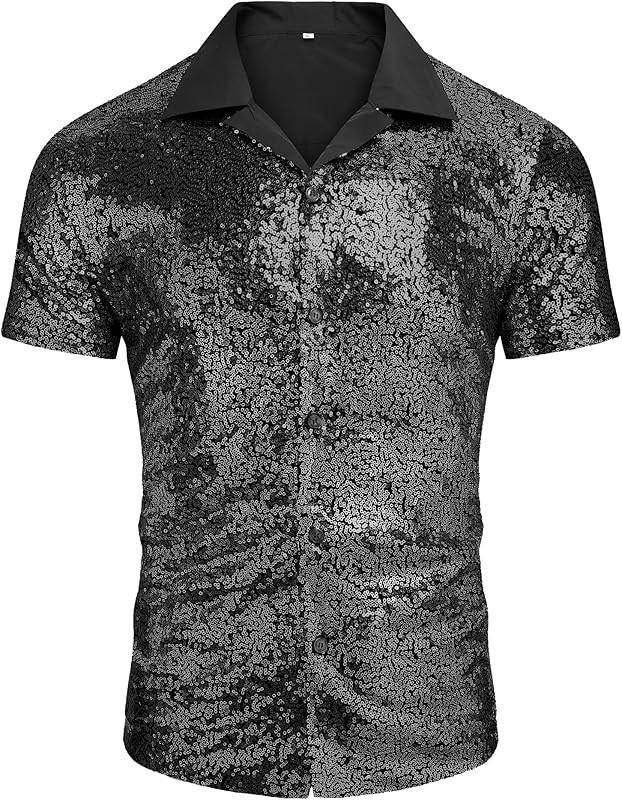 AstoSeu Men's Sequin Dress Shirt 70s Disco Costume Sparkle Party Short Sleeve Button Down Shirts