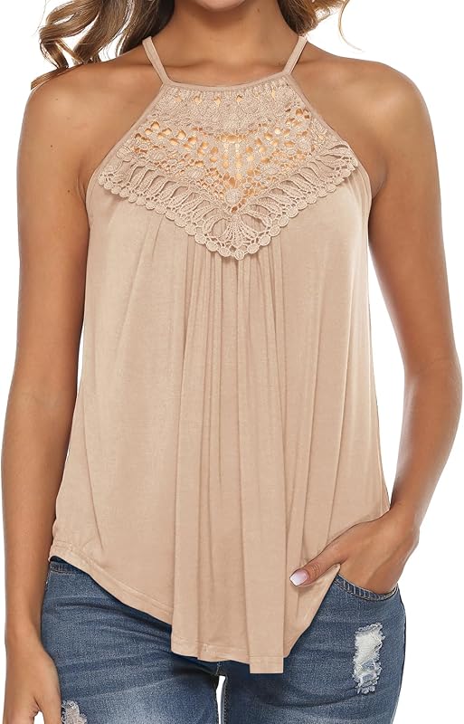 Bluetime Halter Tops for Women Sexy Sleeveless Lace Crochet Dressy Flowy Tank Top Cute Summer Shirts