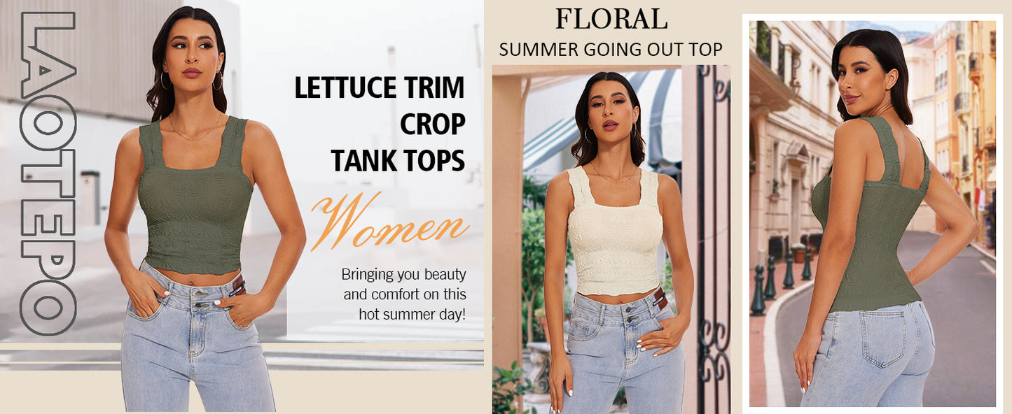 Women's Square Neck Wide Strap Crop Tank Tops Slim Fit Sleeveless Going Out Top Flower Lettuce Trim Cami Tops