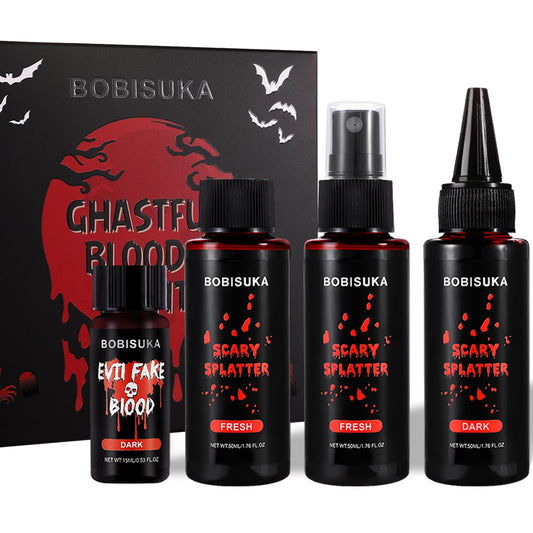BOBISUKA 4PCS Halloween Special Effects Fake Blood Makeup Kit - Includes Realistic Coagulated Blood Gel, Fake Blood Spray, Dripping Blood, Stage Blood, for Zombie Vampire Cosplay Party Mouth Clothes