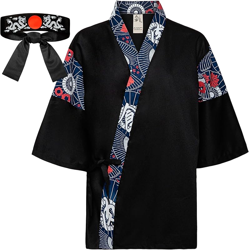 Japanese Sushi Restaurant Chef Coat Uniforms, 3/4 Sleeve Kimono Floral Workwear Jacket Dragon Black Headband XL
