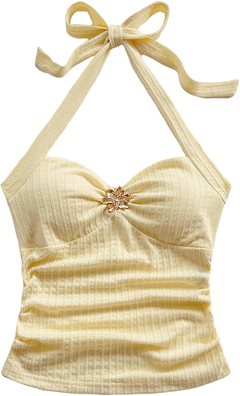 SOLY HUX Women's V Neck Halter Tops Open Back Y2k Ruched Floral Metal Summer Going Out Cami Tops