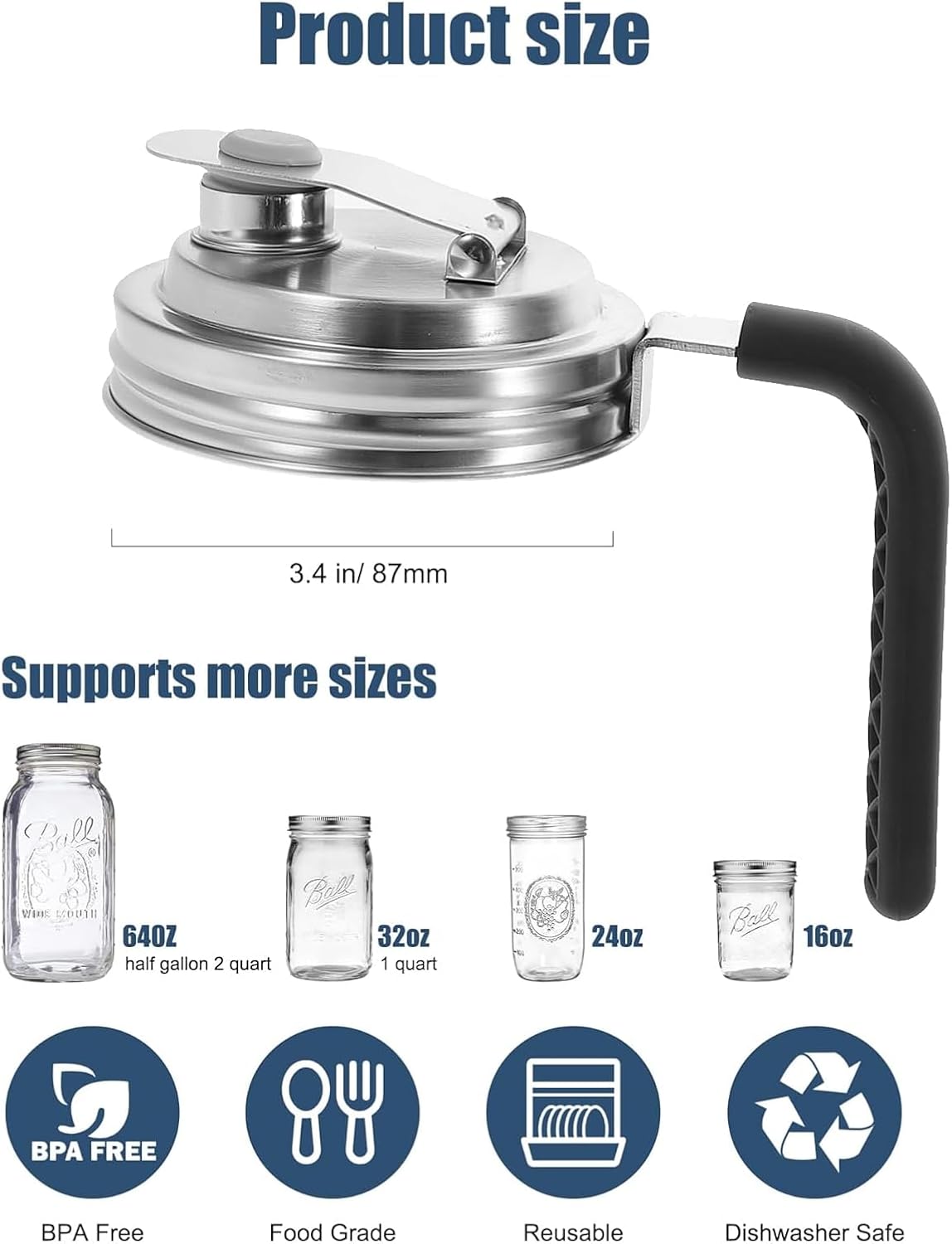 2 Pcs Wide Mouth Mason Jar Stainless Steel Pour Spout Lid, Reusable Mason Jar Lids for Ball Wide Mouth Mason Jars no Rust Leaking Proof for Home Brewing Fruit Fermenting Drinks (with handle, 2)