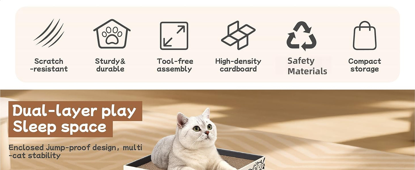 Dual-Level Cat Scratcher & Cozy Cat Cave House - Space-Saving Durable Corrugated Fiberboard for Indoor Cats, Furniture Protector with Adventure-Ready Design Cardboard Cat House