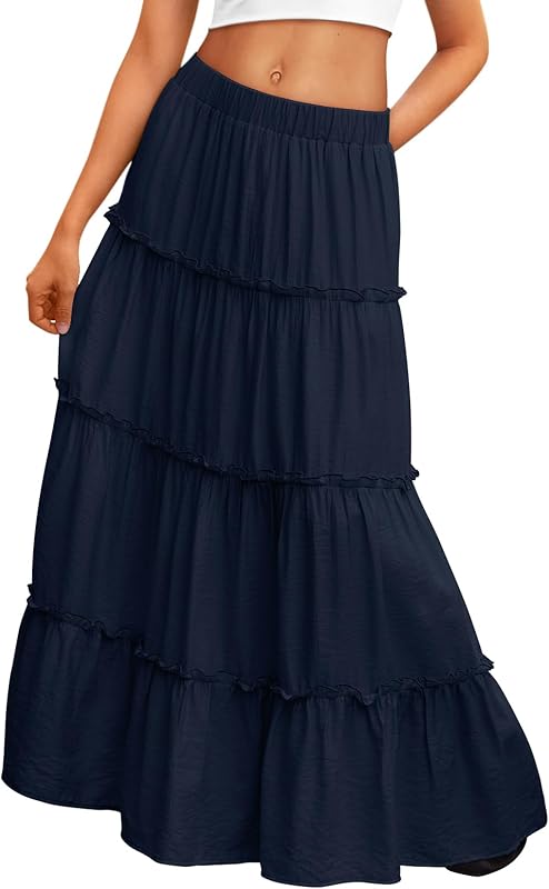 Trendy Queen Long Skirts for Women Boho Maxi Skirt Summer Swing Tiered A-Line Elastic High Waist Dress with Pockets Fashion