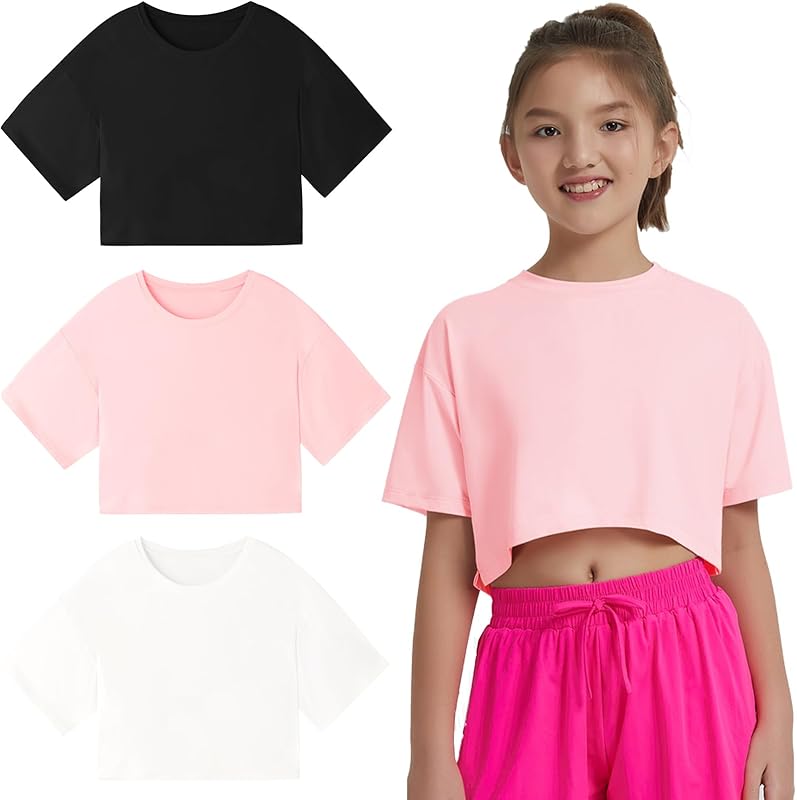 EXARUS Girls Athletic Shirts Short Sleeve Crop Tops/Split Back Quick Dry T Shirt Workout Summer Casual Kids 6-14Y