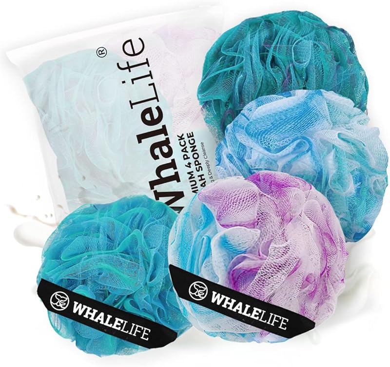 Loofah Sponge Bath Sponge for Women Men 4 Pack (Purple Brown Green Blue)
