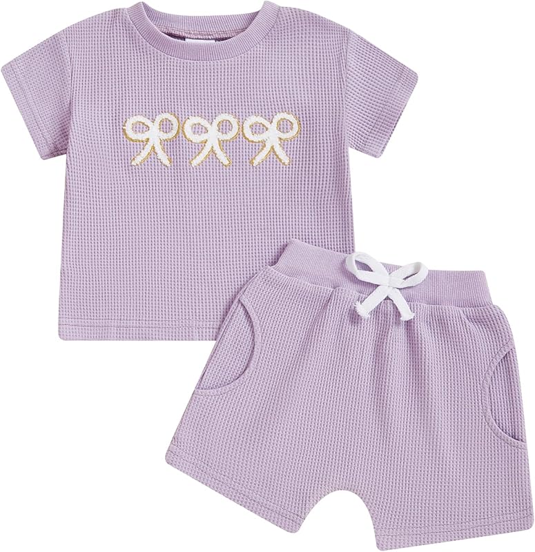 Kayotuas Toddler Baby Girl Summer Clothes 3D Flower Bow Short Sleeve T Shirt Tops Shorts 2Pcs Set Cute Infant Waffle Outfits