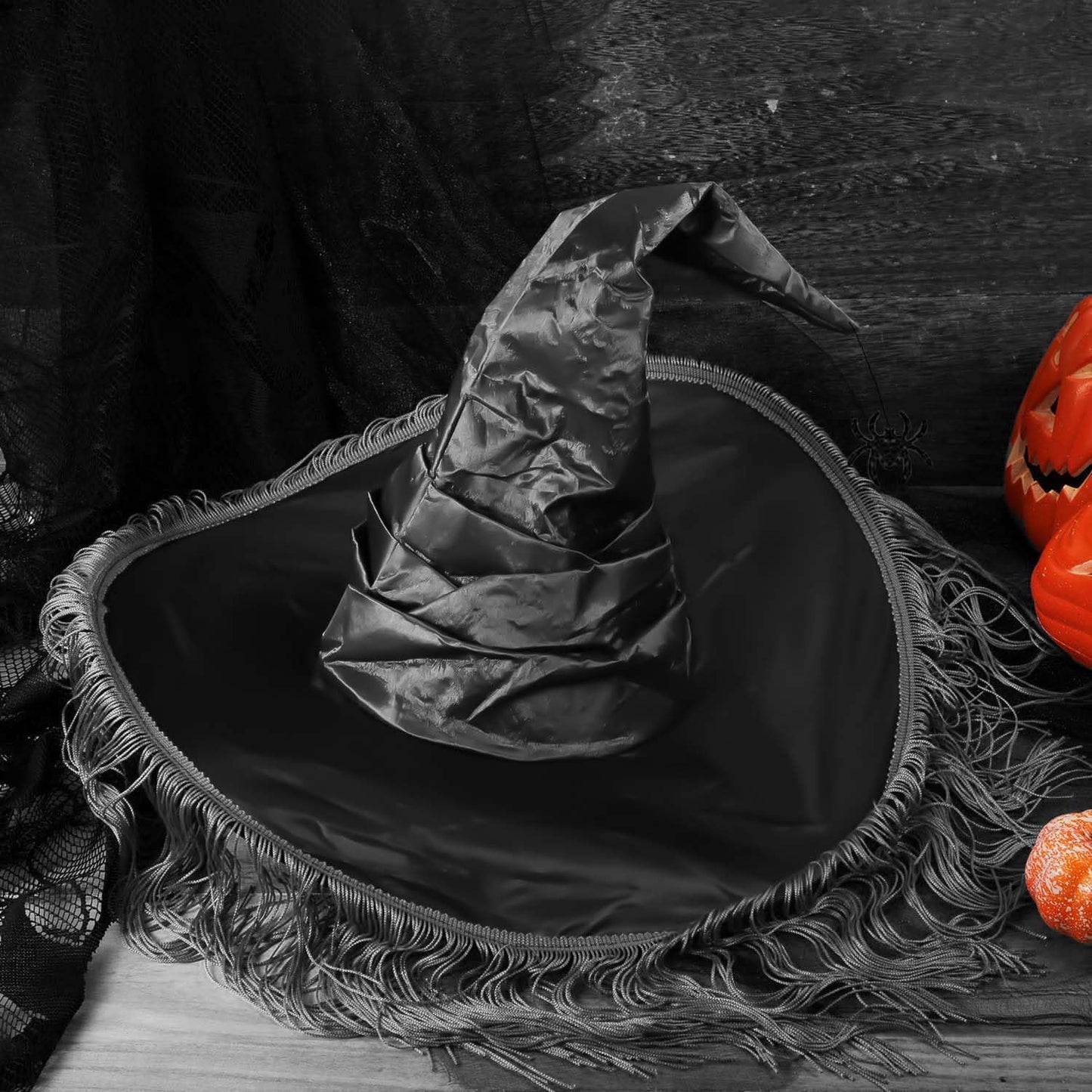 Black Witch Hat for Women, Halloween Witches Hat Adult with Veils, Large Witch Hats Cute Fancy Sorting Cap for Halloween Sexy Cosplay Costume Birthday Party Decorations Dress up Headwear with Spider