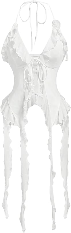 WDIRARA Women's 3D Flower Tie Front Ruffle Trim Halter Top Tie Backless Camisole