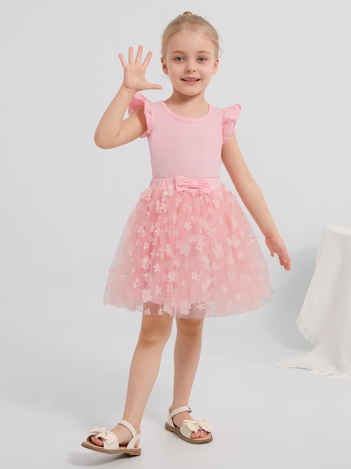 Naiyafly Girls Tulle Skirt Set Toddler Girls 2 Piece Outfits Kids Two Piece Ruffle Sleeve T-Shirt Bow Knot Tutu Dress Costume Birthday Party Outfit 3-8 Years
