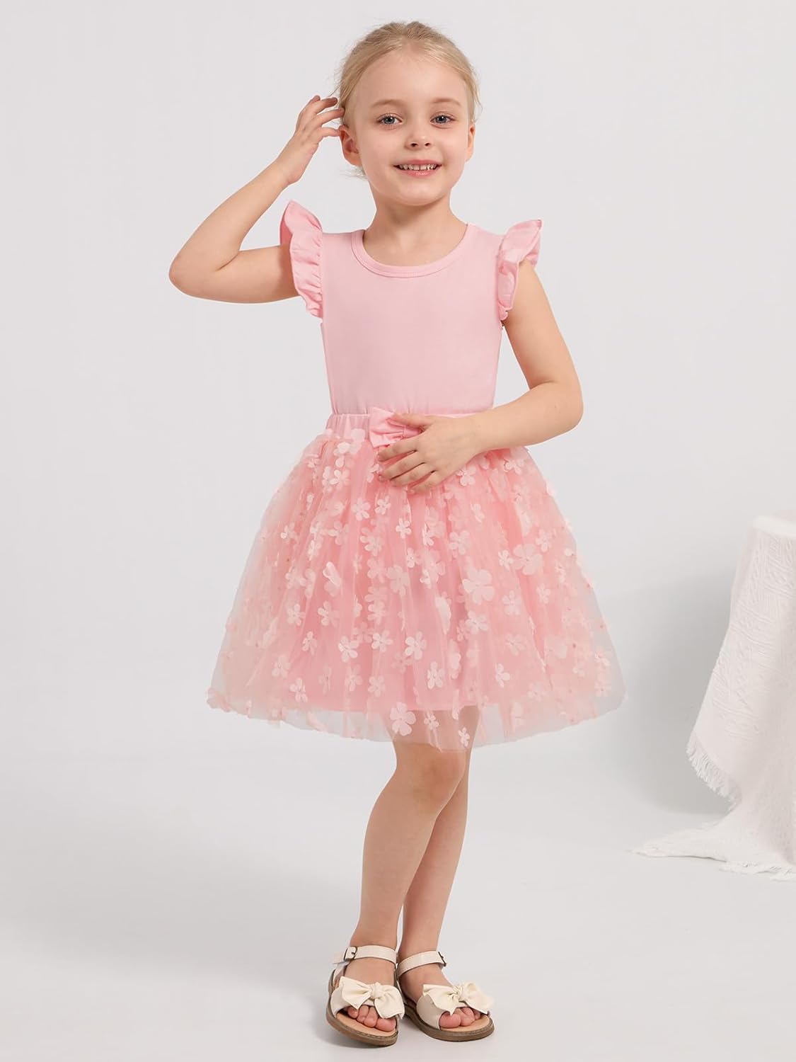 Naiyafly Girls Tulle Skirt Set Toddler Girls 2 Piece Outfits Kids Two Piece Ruffle Sleeve T-Shirt Bow Knot Tutu Dress Costume Birthday Party Outfit 3-8 Years