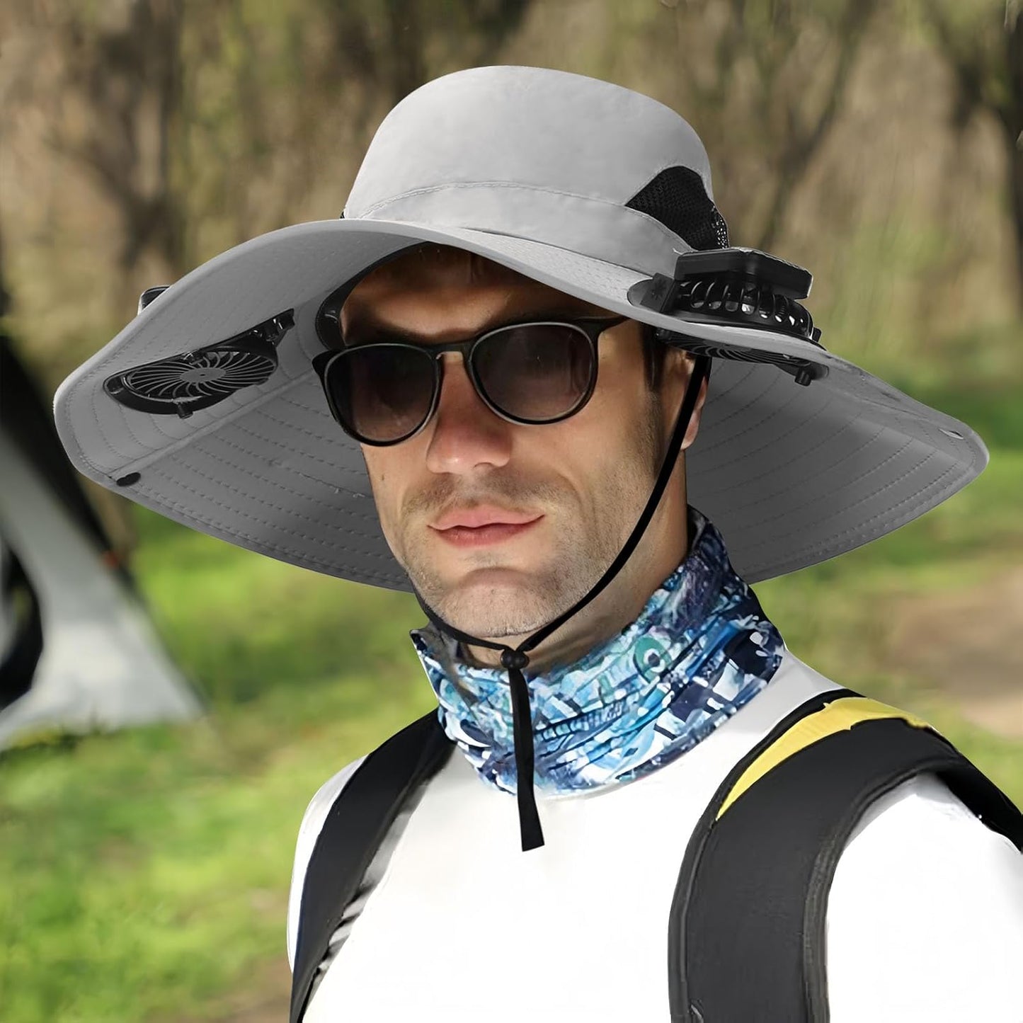 Outdoor Wide Brim Sun Hat with 2 Solar Fan - 2025 Sun Bucket Hat for Men Women, UPF 50+ Bucket Fishing Beach Hat Fan Built in