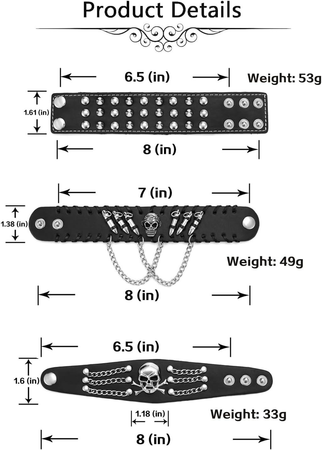 JOVIVI 3pcs Spike Studded Rivets Punk Rock Biker Wide Strap Genuine Leather Bracelets Necklace Chain Wristband Adjustable