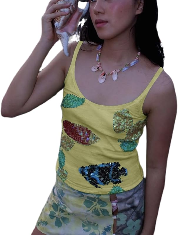 Women Y2K Sequin Cami Top Sexy Sparkly V Neck Tank Top Backless Glitter Crop Tops Floral Rhinestone Clubwear