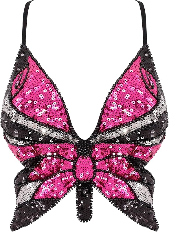 Mocure Womens Glitter Sequin Butterfly Crop Top Low-Cut Tank Top Rave Tube Vest Top for Belly Dance Costume Outfits