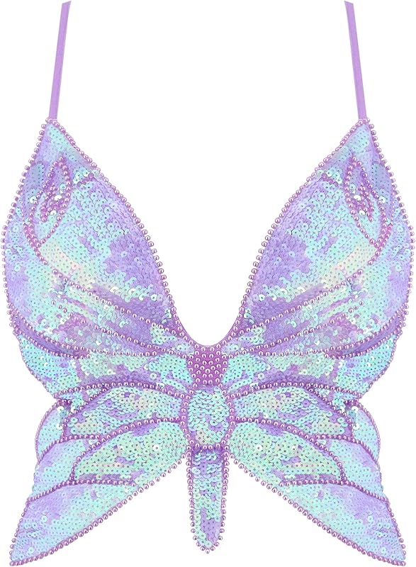Mocure Womens Glitter Sequin Butterfly Crop Top Low-Cut Tank Top Rave Tube Vest Top for Belly Dance Costume Outfits