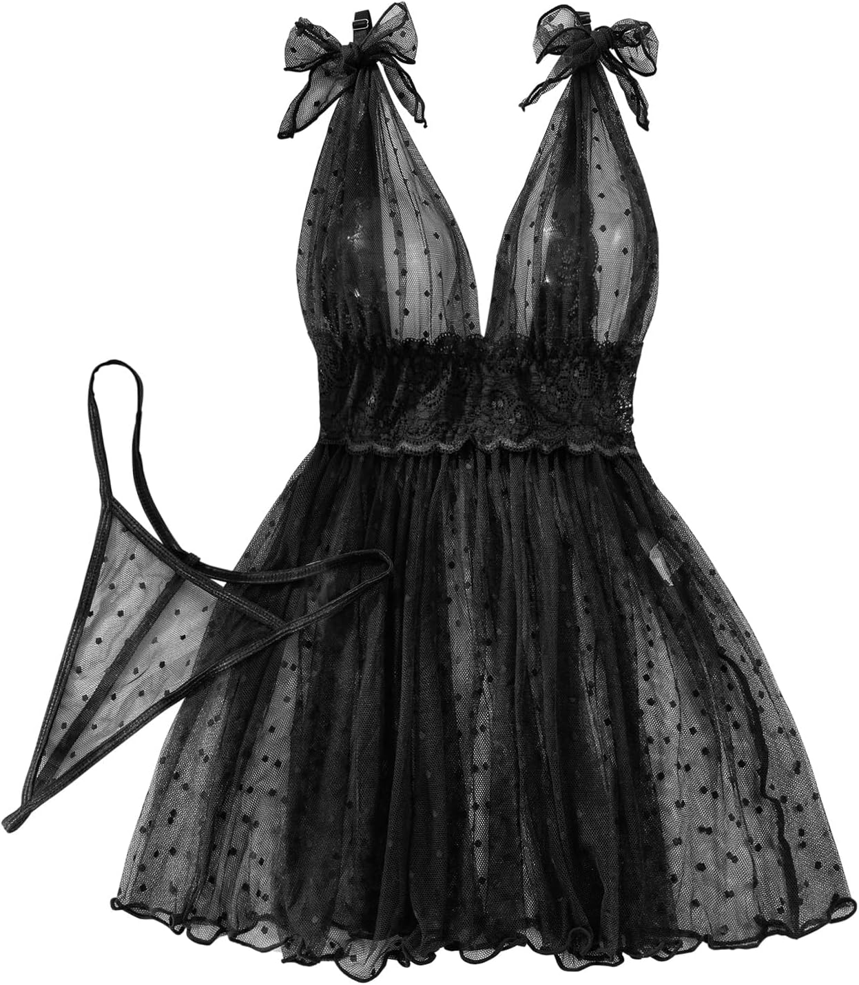 Lilosy Sexy Polka Dots Mesh Sheer Lace Babydoll Chemise Lingerie Set Floral Lace Sleep Wear