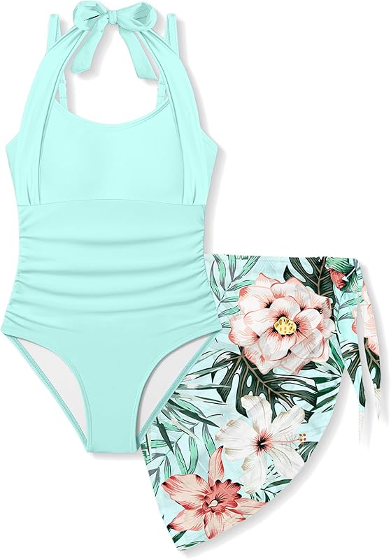 Girls Swimsuit Halter Neck One Piece Bathing Suit with Tropical Printed Cover Up Skirt Girls' Swimwear Set 7-18Y