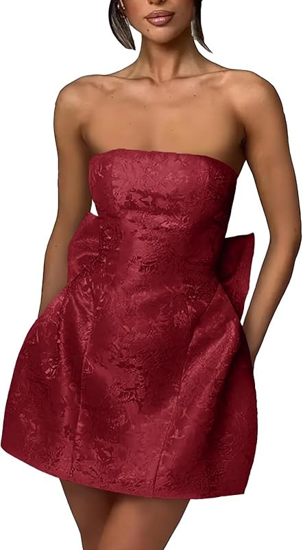 Xijun Short Jacquard Satin Homecoming Dresses for Teens Strapless Embroidery Mini Prom Cocktail Party Gown with Bow
