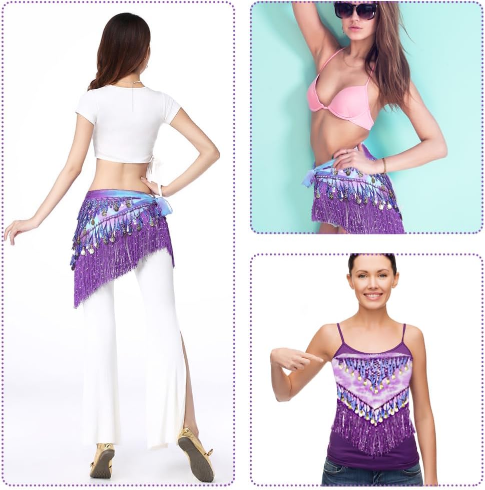 SITAKEGS Belly Dance Hip Scarfs,Girls/Women's Wave Shape Skirts Wrap with Sequin,Purple Chiffon Tassel Skirt Waist Costume Belt for Festival Club Summer Beach Dance