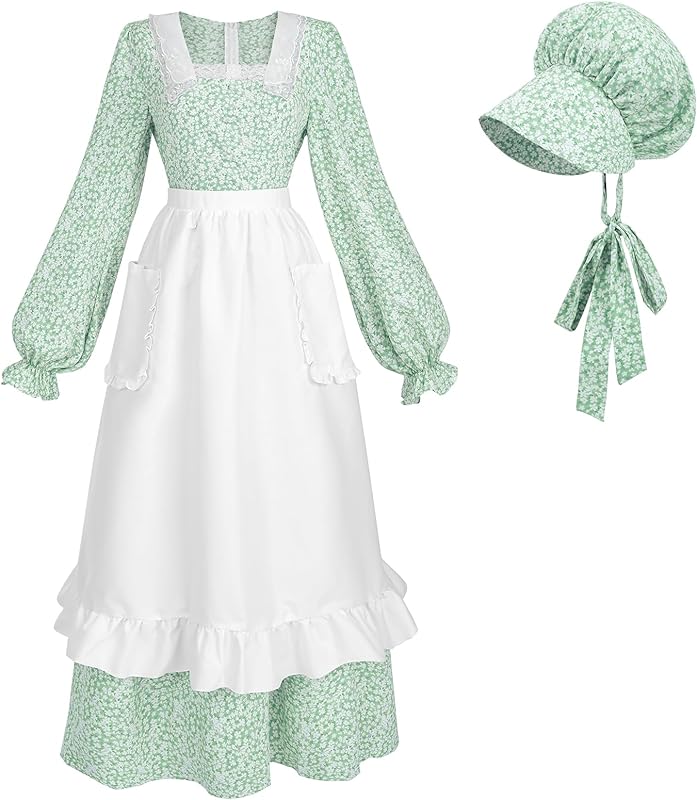 NSPSTT Prairie Dress Women Pioneer Colonial Costume Floral Dresses 3pcs Set