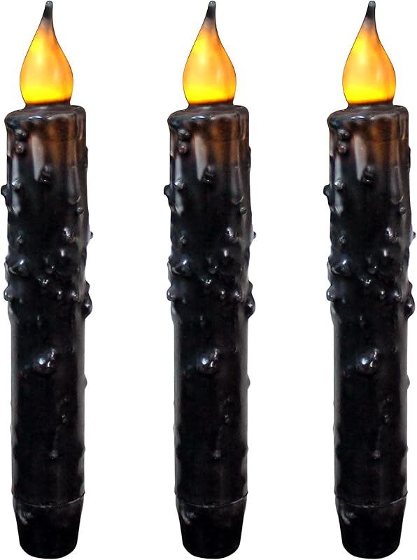 CVHOMEDECO. Real Wax Hand Dipped Battery Operated LED Timer Taper Candles Country Primitive Flameless Lights Décor, 6-3/4 Inch, Matt Black, 3 PCS in a Package