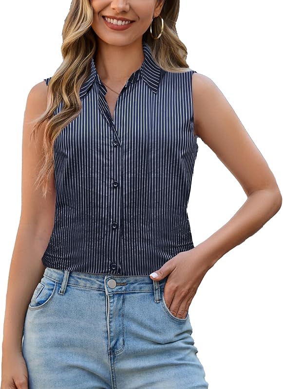 YAMANMAN Womens Sleeveless Button Down Shirt Classic Collared Blouse Basic Tank Tops Work Office Chiffon Tops