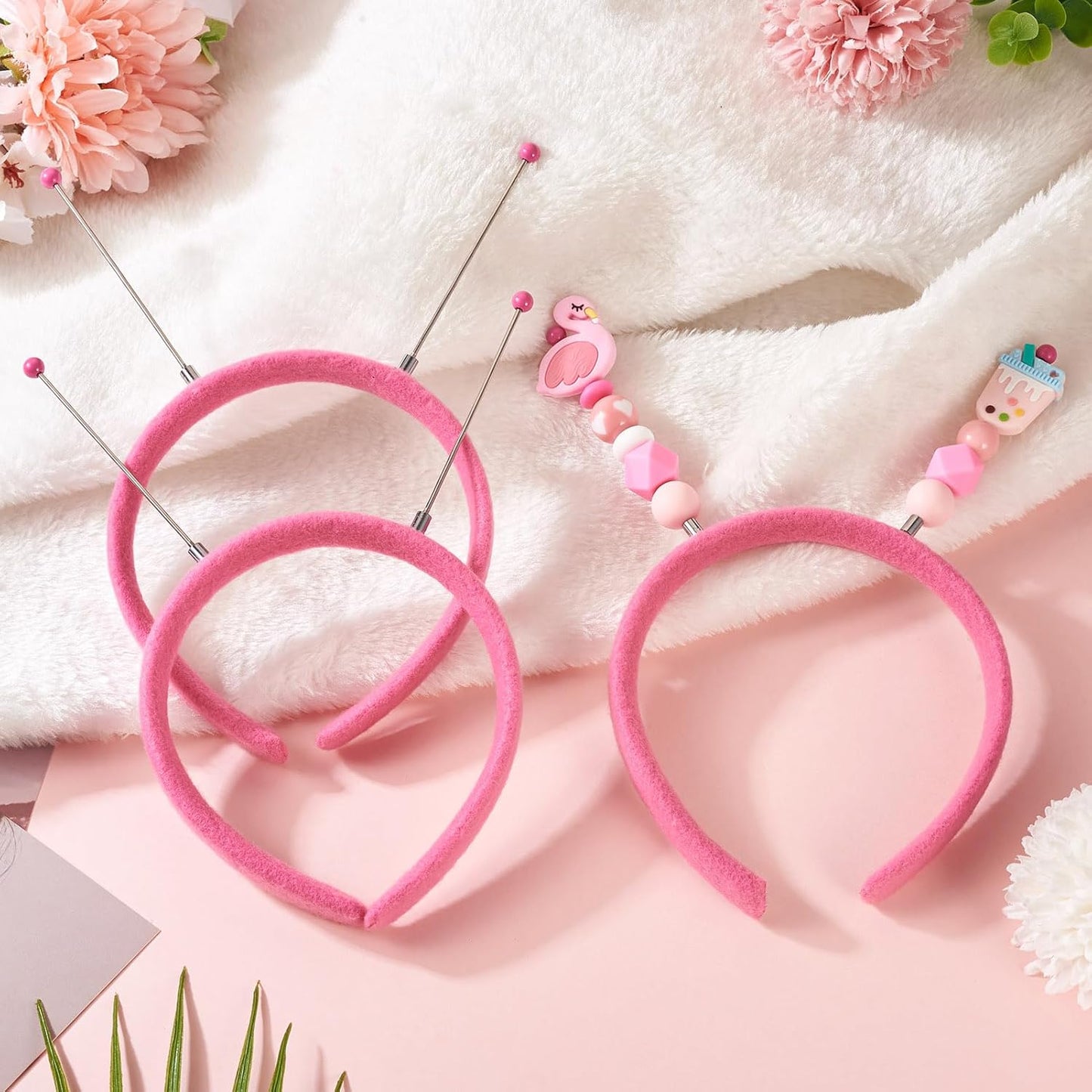 Beadthoven 5Pcs DIY Beadable Headbands Cute Fabric Wrapped Plastic Beaded Headbands Elastic Bead Headband for Women DIY Hair Accessories Party Birthday Christmas Decorations Hot Pink