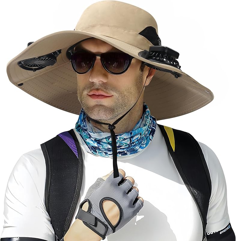 Outdoor Wide Brim Sun Hat with 2 Solar Fan - 2025 Sun Bucket Hat for Men Women, UPF 50+ Bucket Fishing Beach Hat Fan Built in