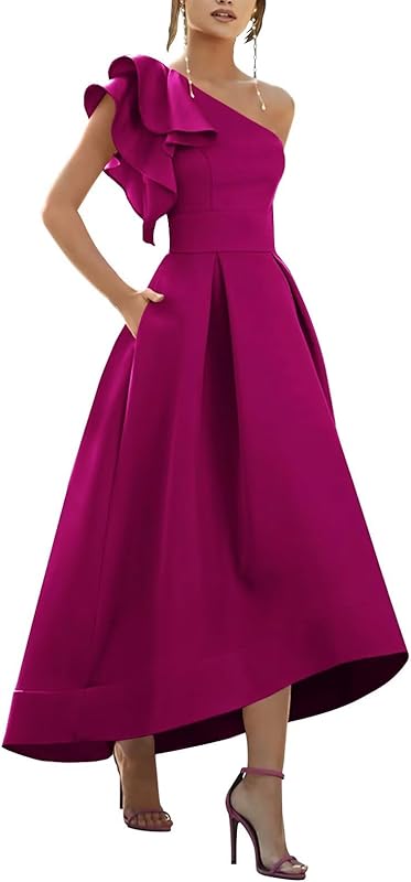 One Shoulder Satin Mother of Bride Dresses 2025 High-Low Ruffle Formal Evening Party Gowns
