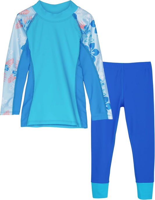 Tuga Girls Long Sleeve Rash Guard and Swim Legging Bathing Suit Set, UPF 50+