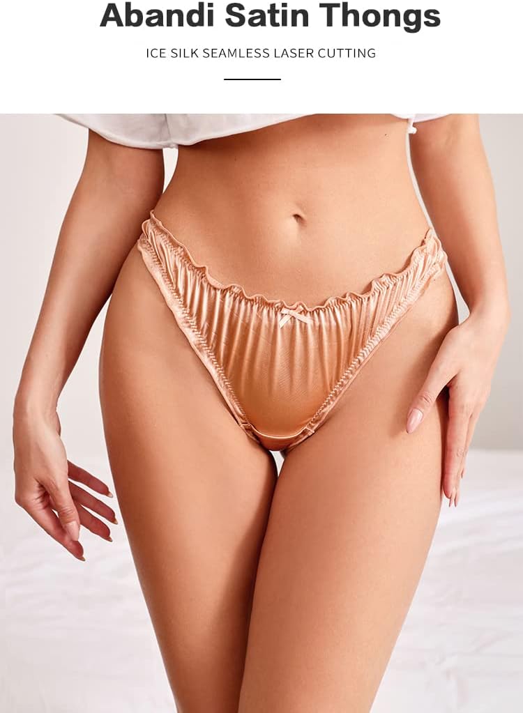 Women's Satin Thongs Silk Feeling Bikini Briefs Underwear Ruched G-String Thong Panties Smooth Panties 4 Pack