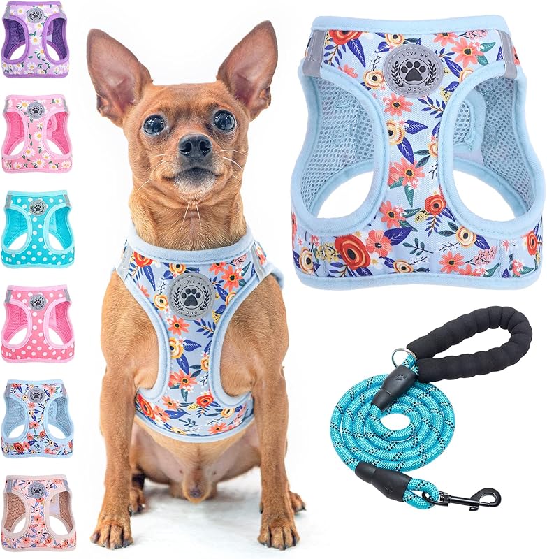 BEAUTYZOO Plaid Dog Harness and Leash Set for XS S Pets, Step-in No Choke No Pull Soft Mesh Vest Harness, Reflective for Extra-Small/Small Medium Puppy Dogs and Cats, Beige S
